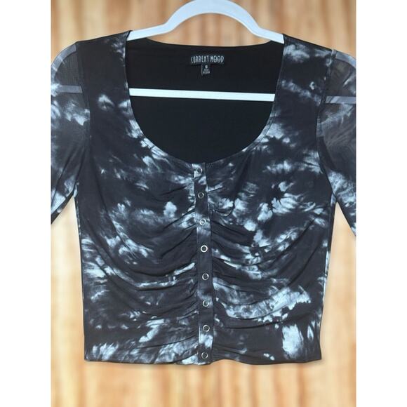 Current Mood Sz Small Black Mesh Bell Sleeve Ruched Button Front Top Grunge Goth - Picture 3 of 10